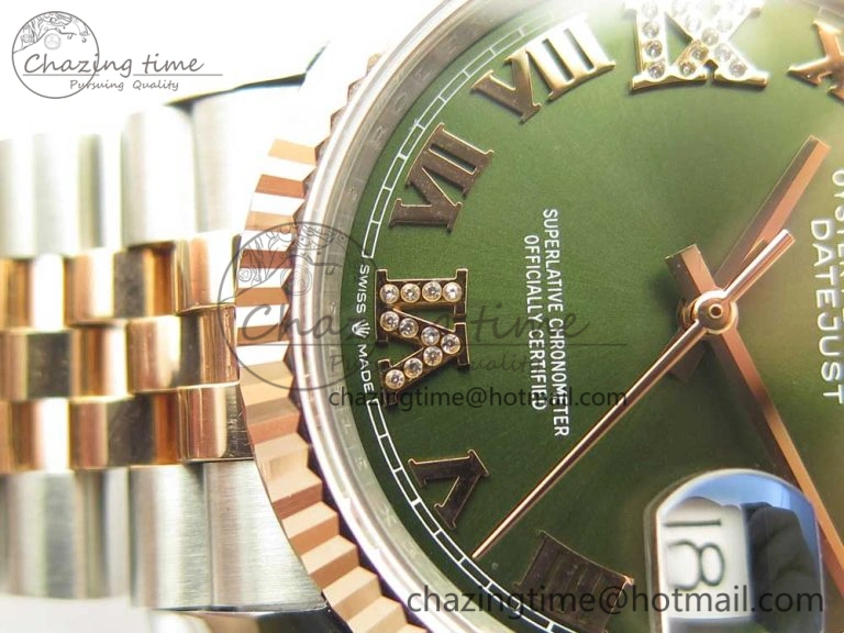 DateJust 36mm 904 SS RG Wrapped 116231 GMF Green Dial Roman Diam Markers on SS RG Wrapped Jubilee Bracelet A2836