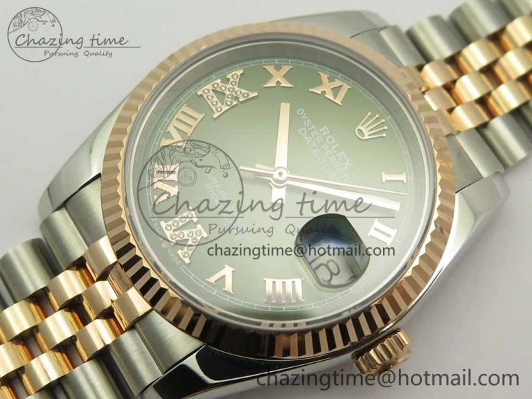 DateJust 36mm 904 SS RG Wrapped 116231 GMF Green Dial Roman Diam Markers on SS RG Wrapped Jubilee Bracelet A2836