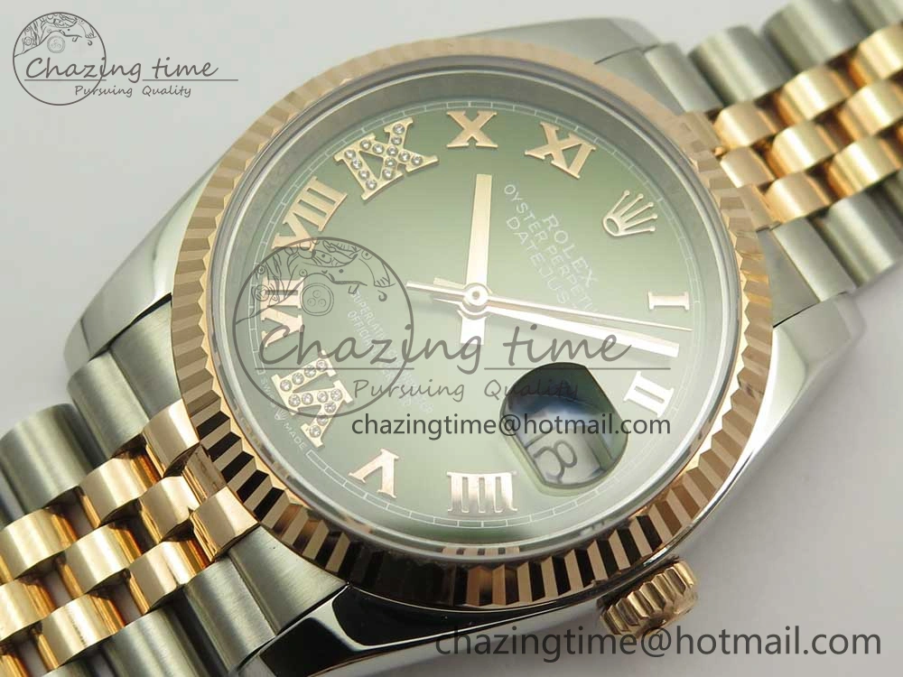 DateJust 36mm 904 SS RG Wrapped 116231 GMF Green Dial Roman Diam Markers on SS RG Wrapped Jubilee Bracelet A2836