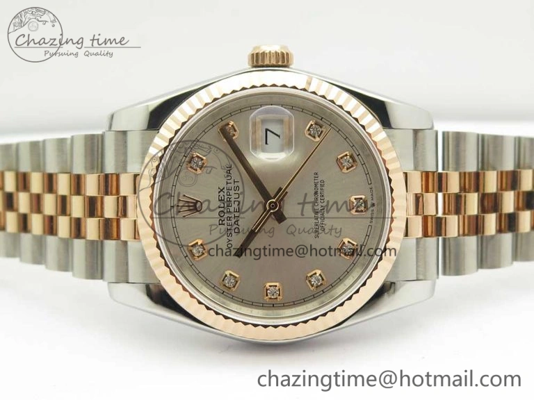 DateJust 36mm 904 SS RG Wrapped 116231 GMF Silver Diam Dial on SS RG Wrapped Jubilee Bracelet A2836