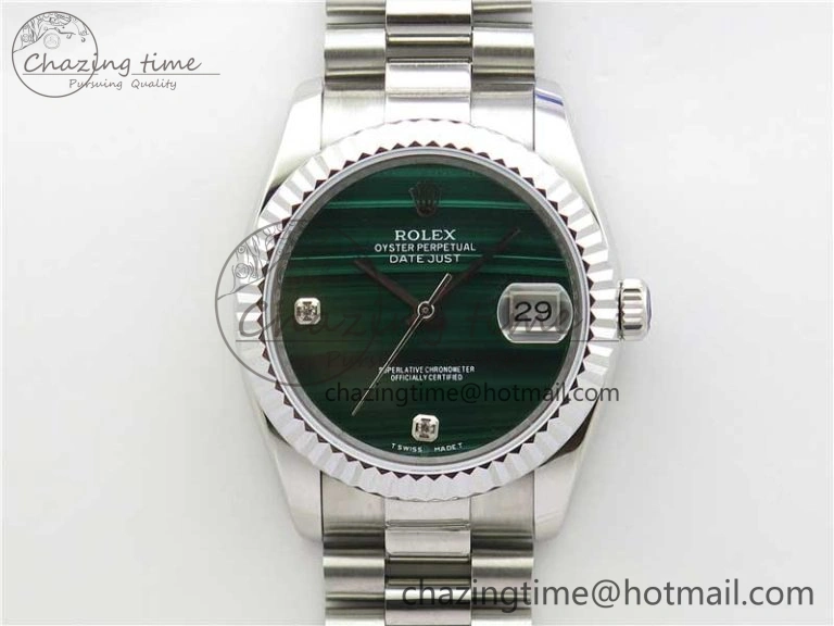 DateJust 36mm SS EDF Best Edition Green Malachite Dial Crystal Markers on SS President Bracelet A2824