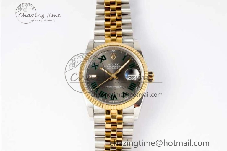 DateJust 36mm SS YG DIWF 1:1 Best Edition 904L Steel Gray Dial Green Markers on Jubilee Bracelet SA3235