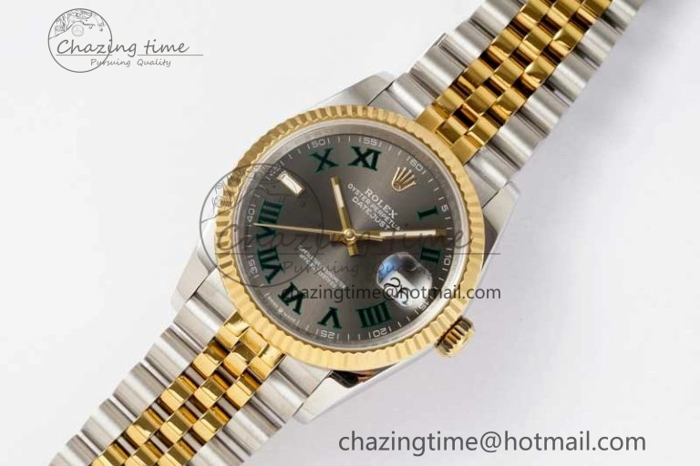 DateJust 36mm SS YG DIWF 1:1 Best Edition 904L Steel Gray Dial Green Markers on Jubilee Bracelet SA3235