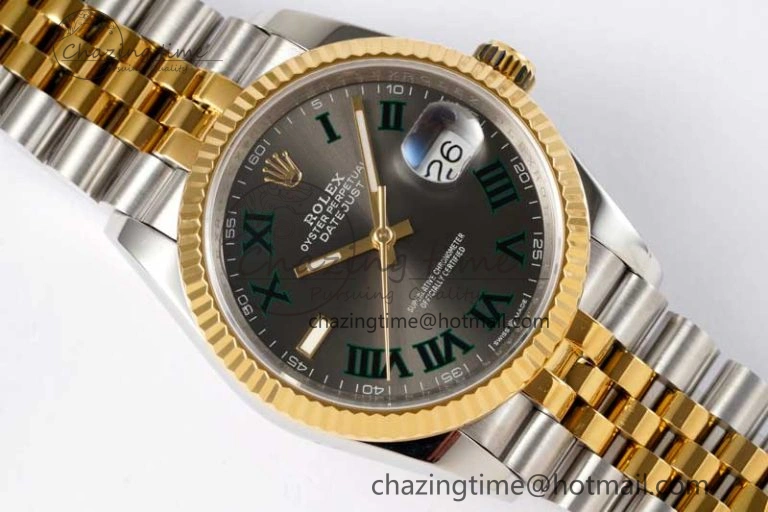 DateJust 36mm SS YG DIWF 1:1 Best Edition 904L Steel Gray Dial Green Markers on Jubilee Bracelet SA3235