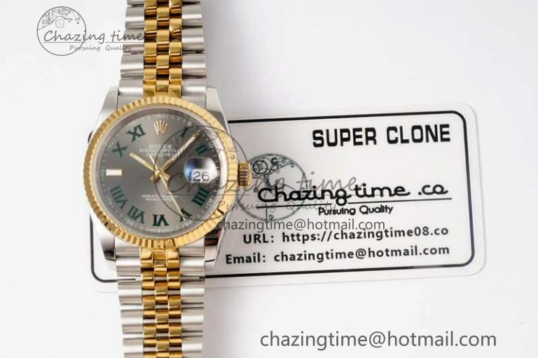 DateJust 36mm SS YG DIWF 1:1 Best Edition 904L Steel Gray Dial Green Markers on Jubilee Bracelet SA3235