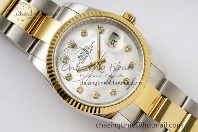 DateJust 36mm SS YG DIWF 1:1 Best Edition 904L Steel White MOP Diamonds Dial on Oyster Bracelet SA3235