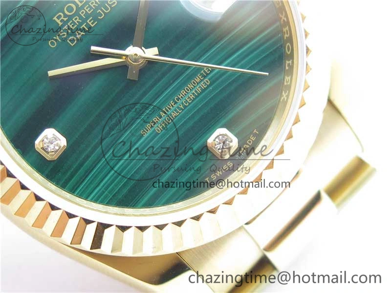 DateJust 36mm YG EDF Best Edition Green Malachite Dial Crystal Markers on YG President Bracelet A2824