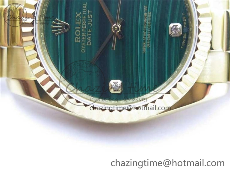 DateJust 36mm YG EDF Best Edition Green Malachite Dial Crystal Markers on YG President Bracelet A2824