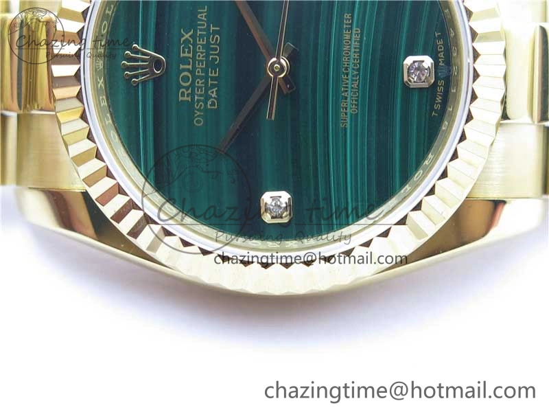 DateJust 36mm YG EDF Best Edition Green Malachite Dial Crystal Markers on YG President Bracelet A2824