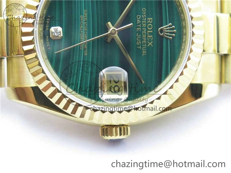 DateJust 36mm YG EDF Best Edition Green Malachite Dial Crystal Markers on YG President Bracelet A2824