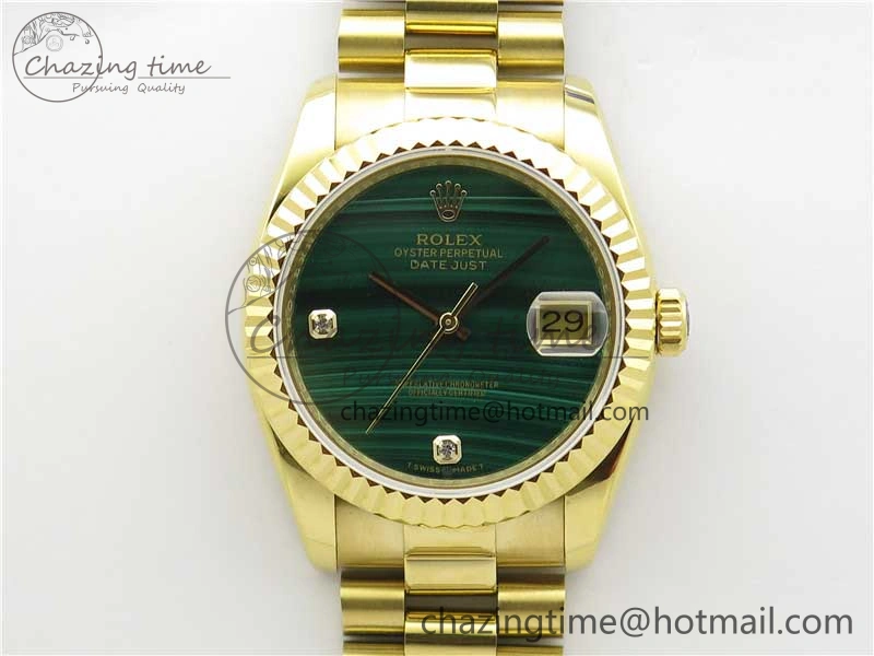 DateJust 36mm YG EDF Best Edition Green Malachite Dial Crystal Markers on YG President Bracelet A2824