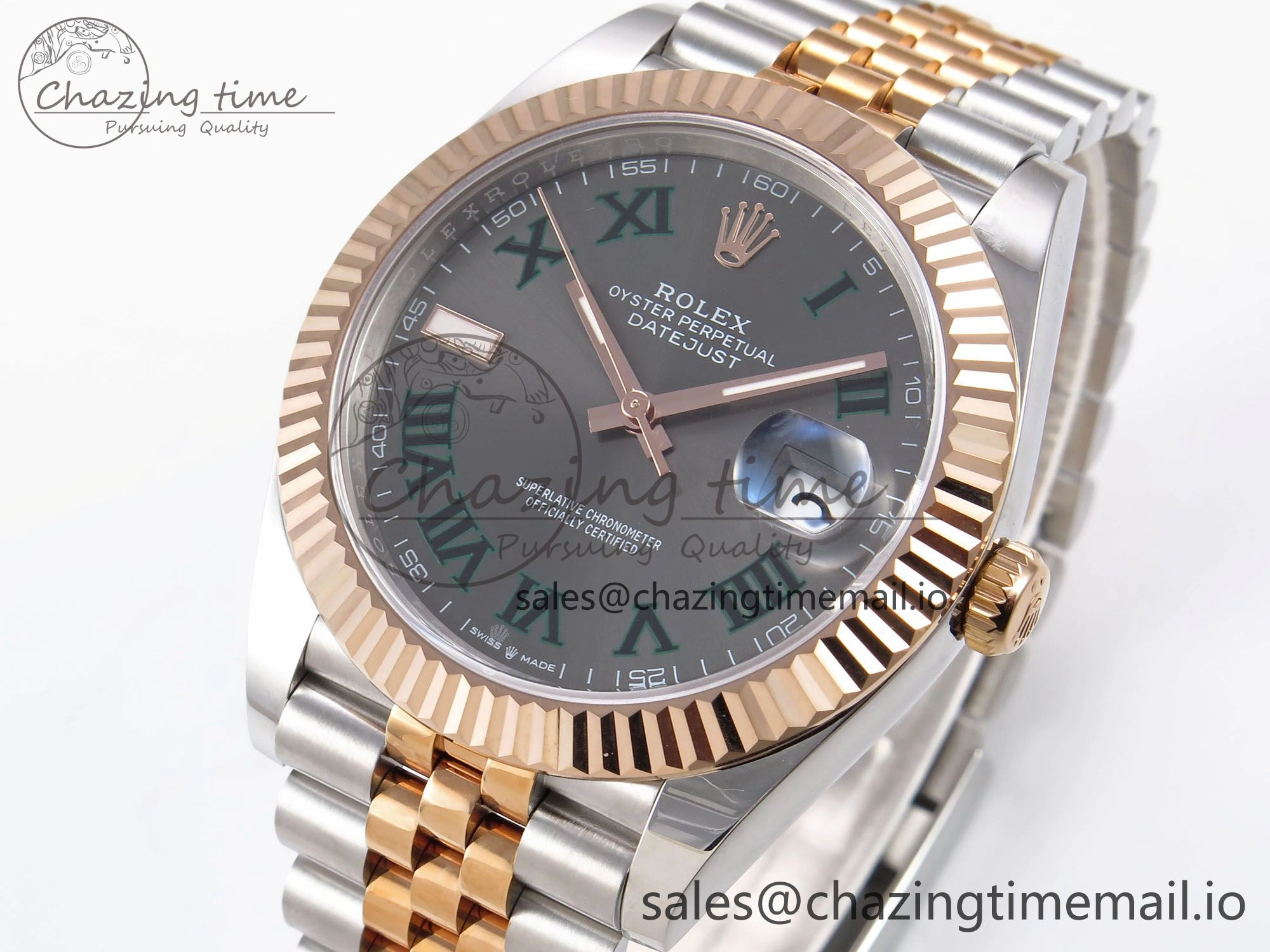 DateJust 41 126331 EWEF Best Edition Gray Dial Green Roman Marker on SS RG Jubilee Bracelet A3235