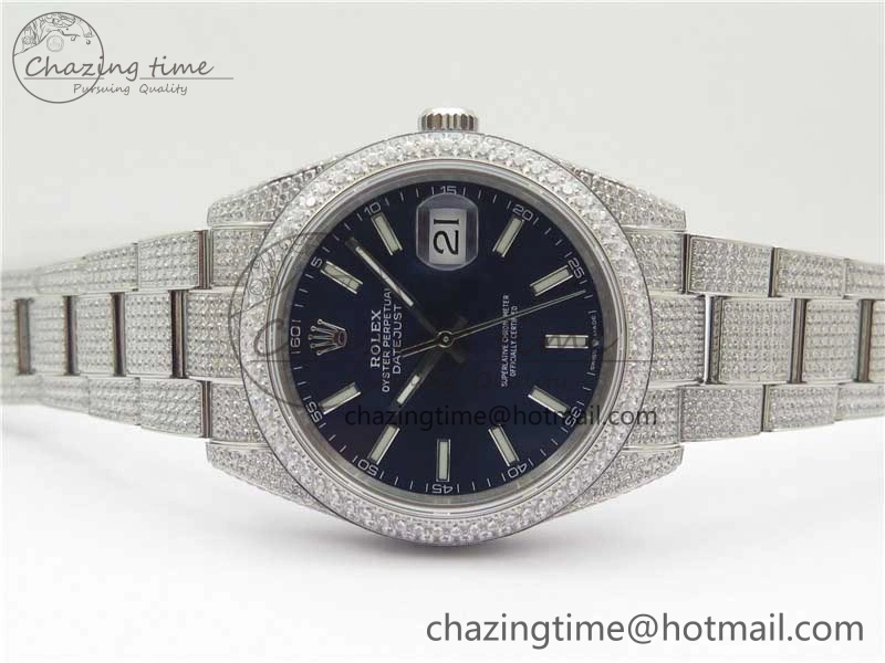 DateJust 41 126334 904 Full Paved Diamonds BP Maker Best Edition Blue Dial on Oyster Bracelet A2824