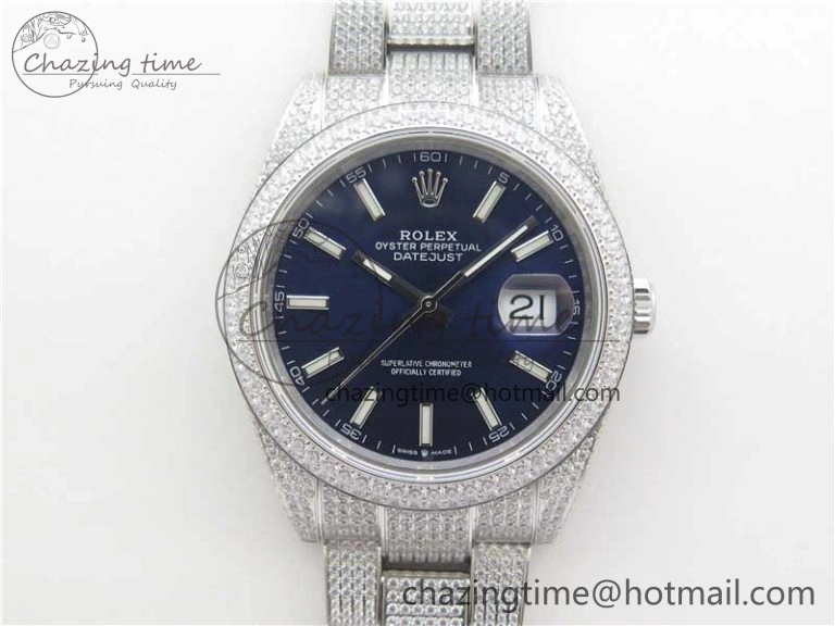 DateJust 41 126334 904 Full Paved Diamonds BP Maker Best Edition Blue Dial on Oyster Bracelet A2824