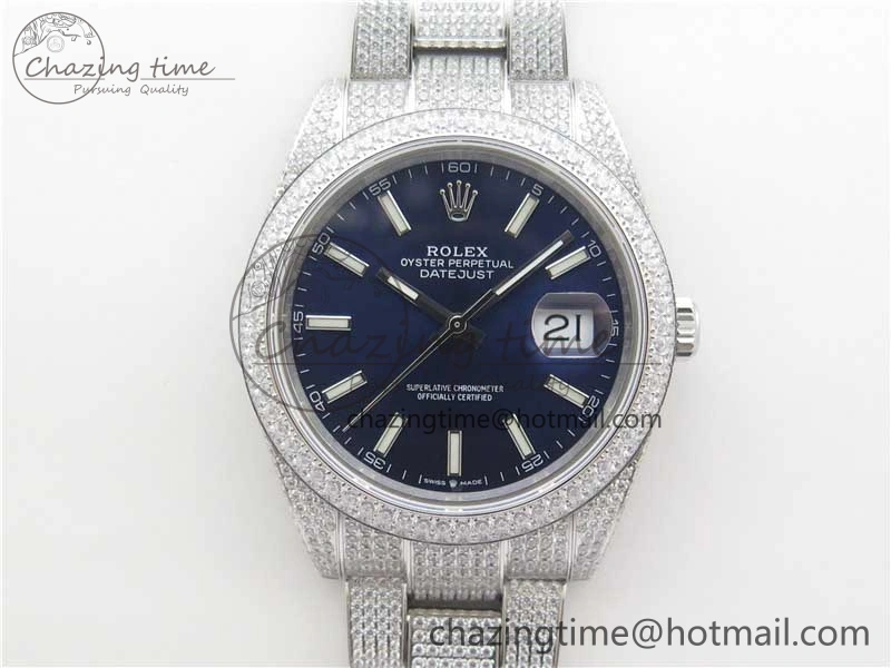 DateJust 41 126334 904 Full Paved Diamonds BP Maker Best Edition Blue Dial on Oyster Bracelet A2824