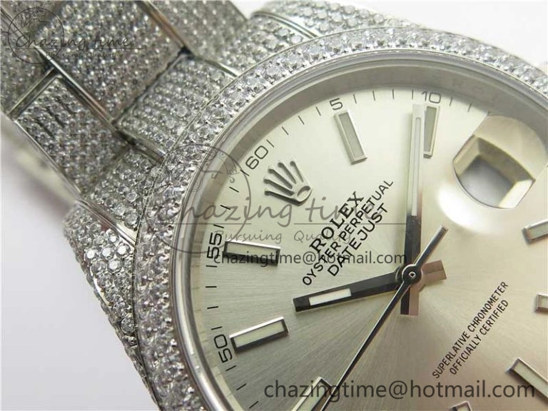 DateJust 41 126334 904 Full Paved Diamonds BP Maker Best Edition Silver Dial on Oyster Bracelet A2824