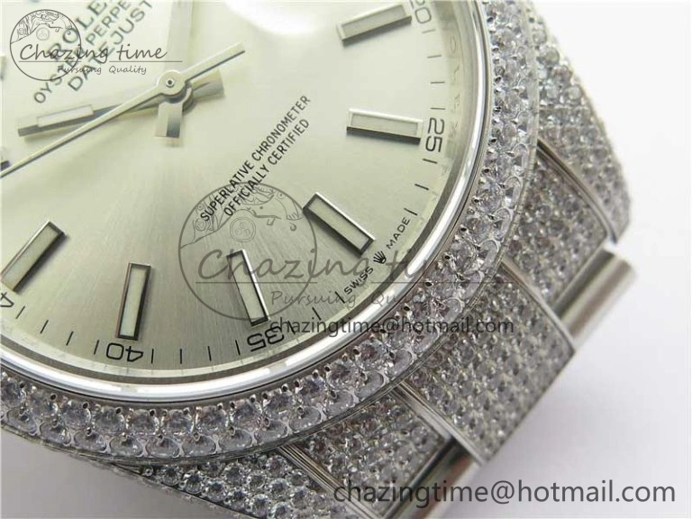 DateJust 41 126334 904 Full Paved Diamonds BP Maker Best Edition Silver Dial on Oyster Bracelet A2824
