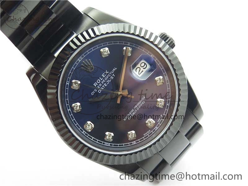 DateJust 41 All Black PVD VRF Best Edition Blue Dial Diamonds Markers on PVD Oyster Bracelet A3235