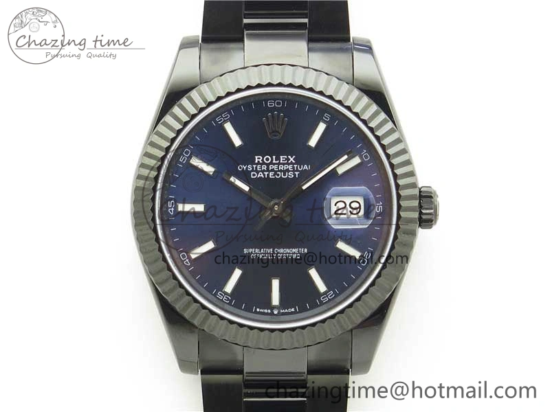 DateJust 41 All Black PVD VRF Best Edition Blue Dial Stick Markers on PVD Oyster Bracelet A3235