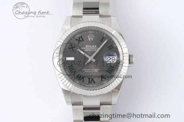 DateJust 41 SS Fluted Bezel KING 1:1 Best Edition 904L Steel Gray Dial Green Roman on Oyster Bracelet VR3235