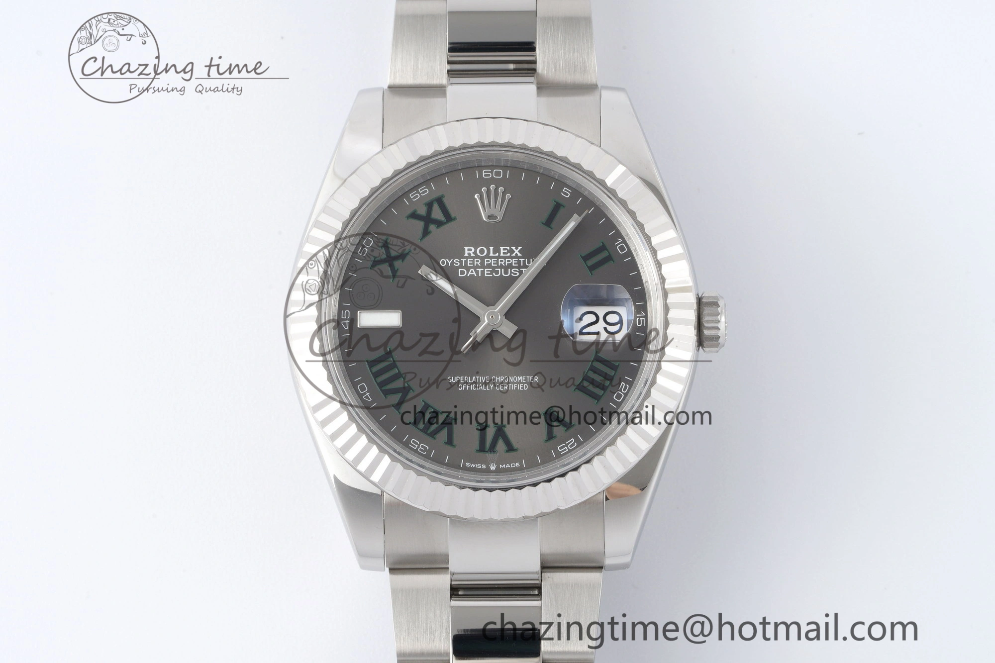 DateJust 41 SS Fluted Bezel KING 1:1 Best Edition 904L Steel Gray Dial Green Roman on Oyster Bracelet VR3235