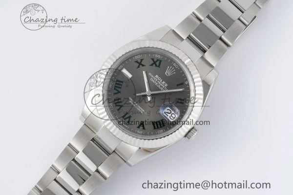 DateJust 41 SS Fluted Bezel KING 1:1 Best Edition 904L Steel Gray Dial Green Roman on Oyster Bracelet VR3235