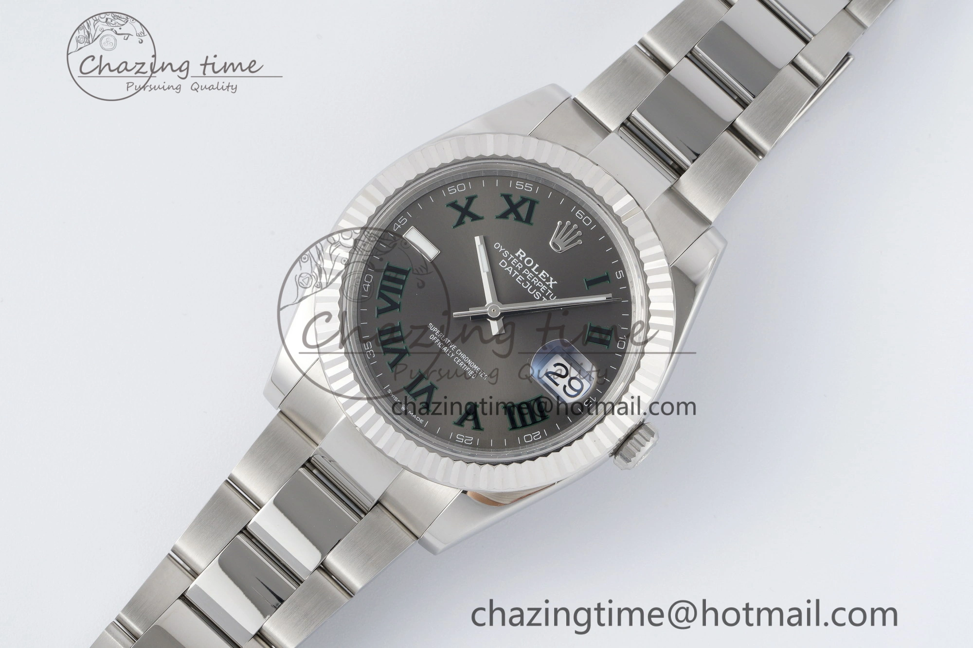 DateJust 41 SS Fluted Bezel KING 1:1 Best Edition 904L Steel Gray Dial Green Roman on Oyster Bracelet VR3235