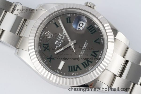 DateJust 41 SS Fluted Bezel KING 1:1 Best Edition 904L Steel Gray Dial Green Roman on Oyster Bracelet VR3235