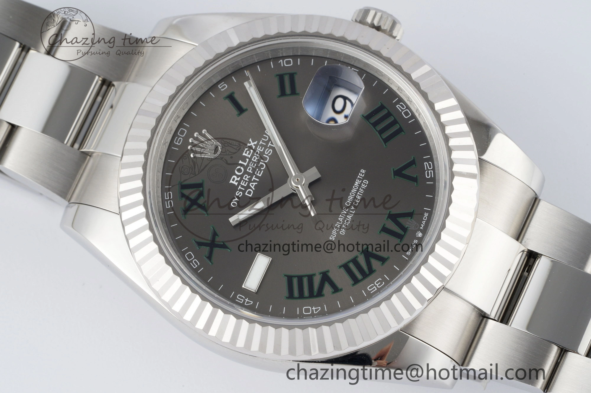 DateJust 41 SS Fluted Bezel KING 1:1 Best Edition 904L Steel Gray Dial Green Roman on Oyster Bracelet VR3235