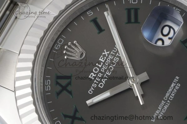 DateJust 41 SS Fluted Bezel KING 1:1 Best Edition 904L Steel Gray Dial Green Roman on Oyster Bracelet VR3235