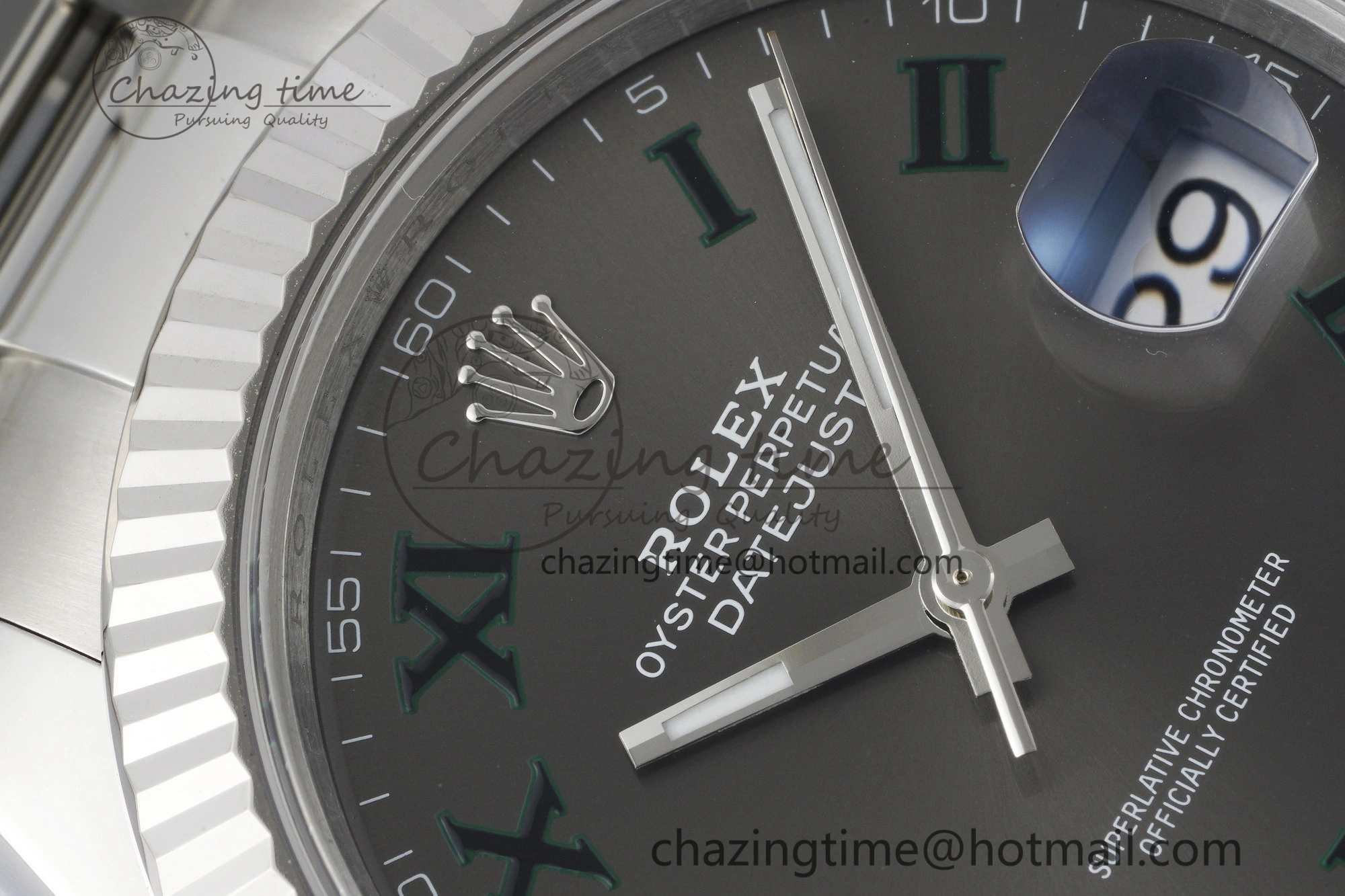 DateJust 41 SS Fluted Bezel KING 1:1 Best Edition 904L Steel Gray Dial Green Roman on Oyster Bracelet VR3235