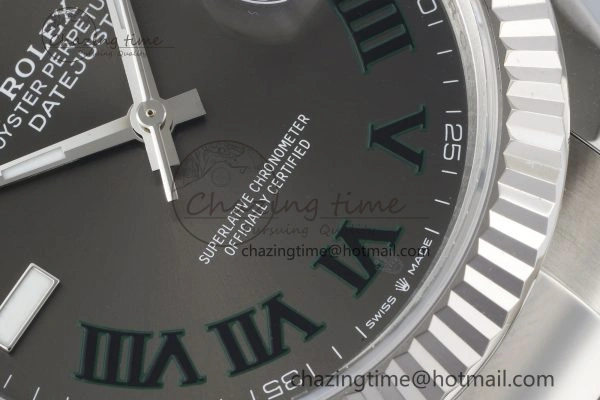 DateJust 41 SS Fluted Bezel KING 1:1 Best Edition 904L Steel Gray Dial Green Roman on Oyster Bracelet VR3235