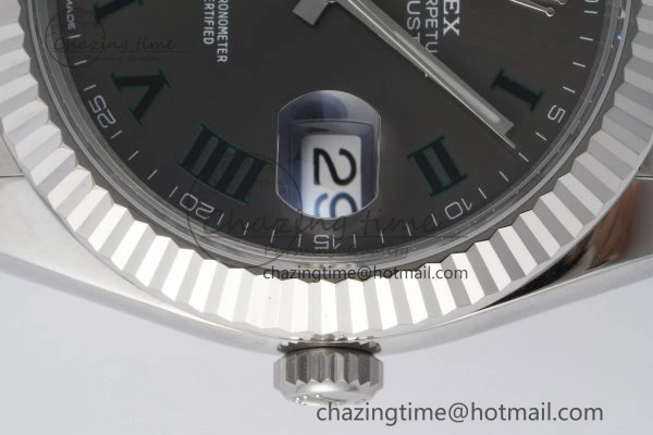 DateJust 41 SS Fluted Bezel KING 1:1 Best Edition 904L Steel Gray Dial Green Roman on Oyster Bracelet VR3235