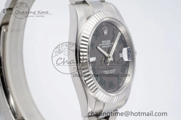 DateJust 41 SS Fluted Bezel KING 1:1 Best Edition 904L Steel Gray Dial Green Roman on Oyster Bracelet VR3235