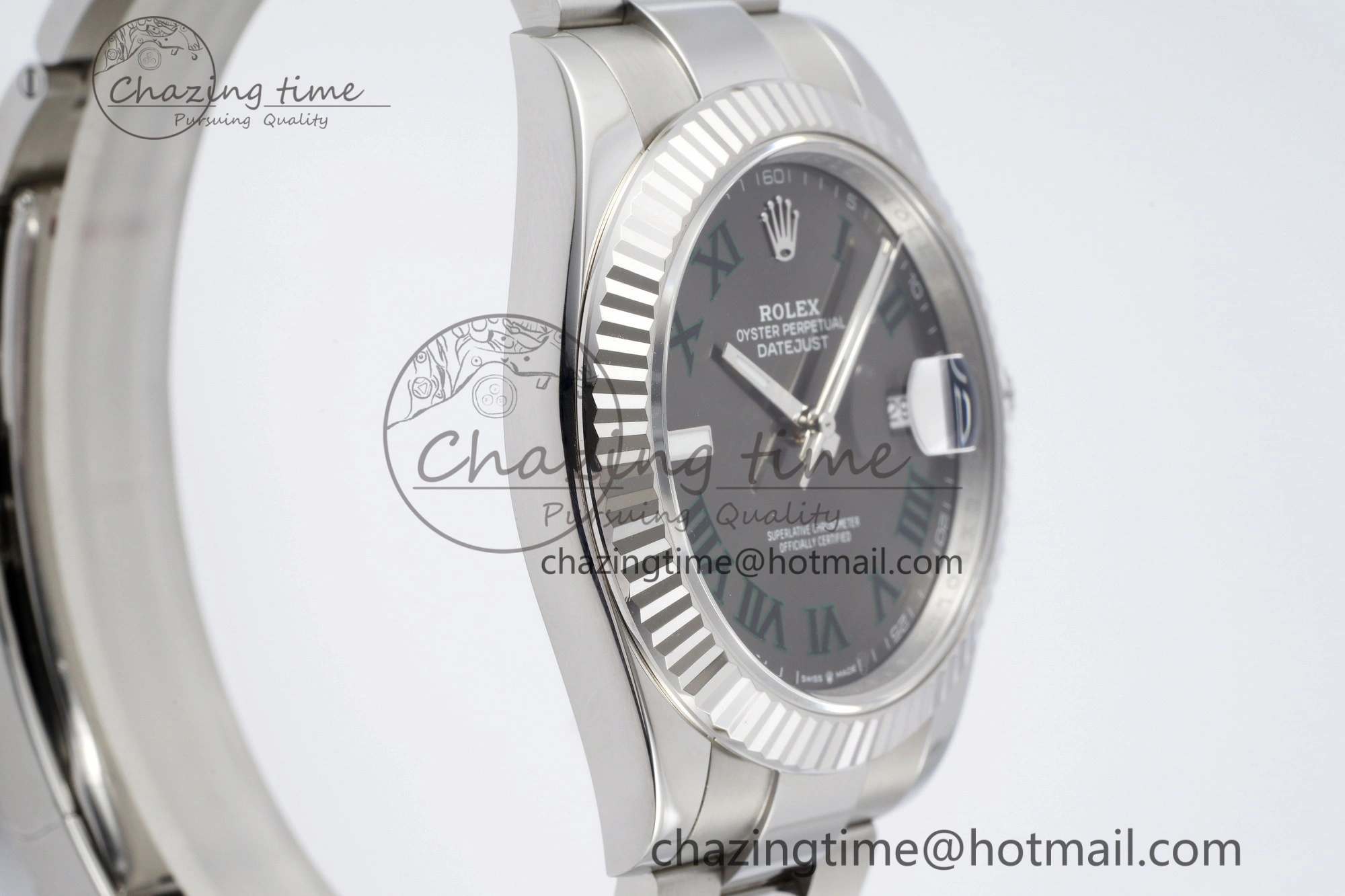 DateJust 41 SS Fluted Bezel KING 1:1 Best Edition 904L Steel Gray Dial Green Roman on Oyster Bracelet VR3235