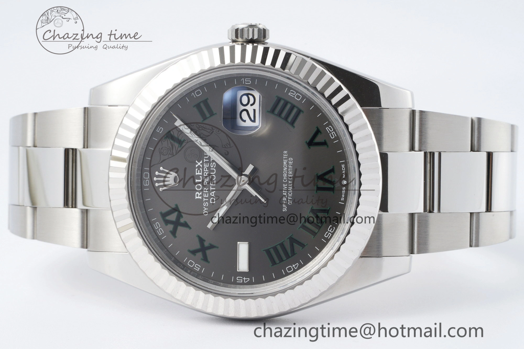 DateJust 41 SS Fluted Bezel KING 1:1 Best Edition 904L Steel Gray Dial Green Roman on Oyster Bracelet VR3235