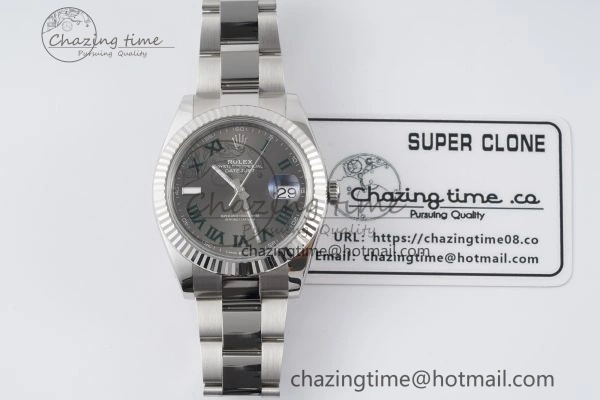 DateJust 41 SS Fluted Bezel KING 1:1 Best Edition 904L Steel Gray Dial Green Roman on Oyster Bracelet VR3235