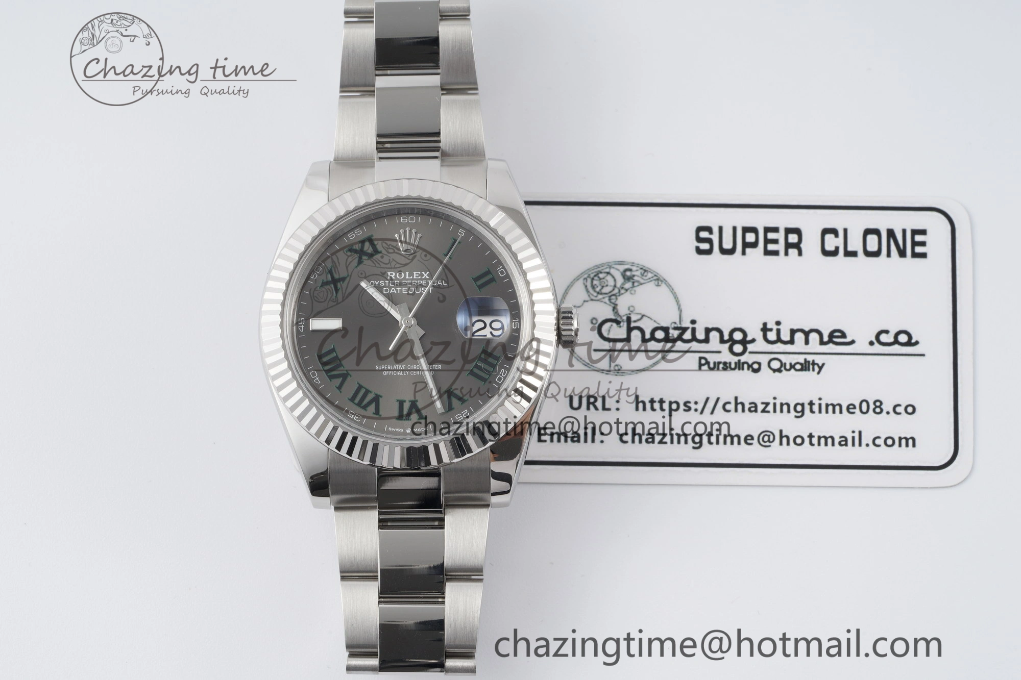 DateJust 41 SS Fluted Bezel KING 1:1 Best Edition 904L Steel Gray Dial Green Roman on Oyster Bracelet VR3235