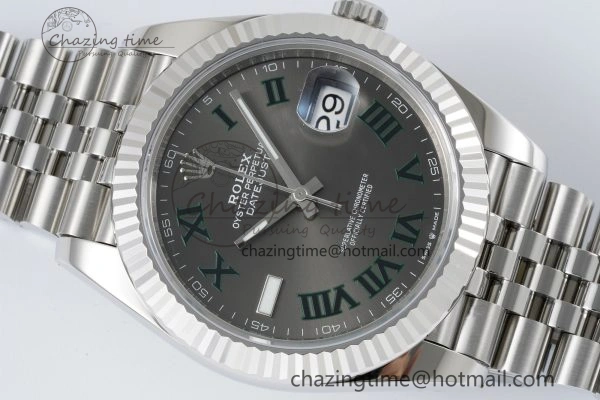 DateJust 41 SS Fluted Bezel KING 1:1 Best Edition 904L Steel Gray Green Roman Dial on Jubilee Bracelet VR3235