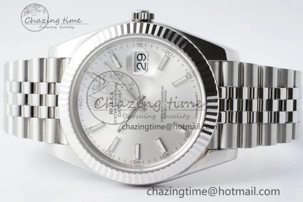 DateJust 41 SS Fluted Bezel KING 1:1 Best Edition 904L Steel Silver Stick Dial on Jubilee Bracelet VR3235