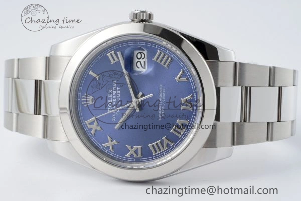 DateJust 41 SS Polished Bezel KING 1:1 Best Edition 904L Steel Blue Roman Dial on Oyster Bracelet VR3235