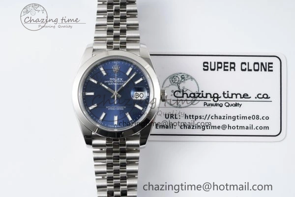 DateJust 41 SS Polished Bezel KING 1:1 Best Edition 904L Steel Blue Stick Dial on Jubilee Bracelet VR3235