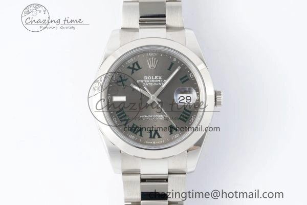 DateJust 41 SS Polished Bezel KING 1:1 Best Edition 904L Steel Gray Dial Green Roman on Oyster Bracelet VR3235