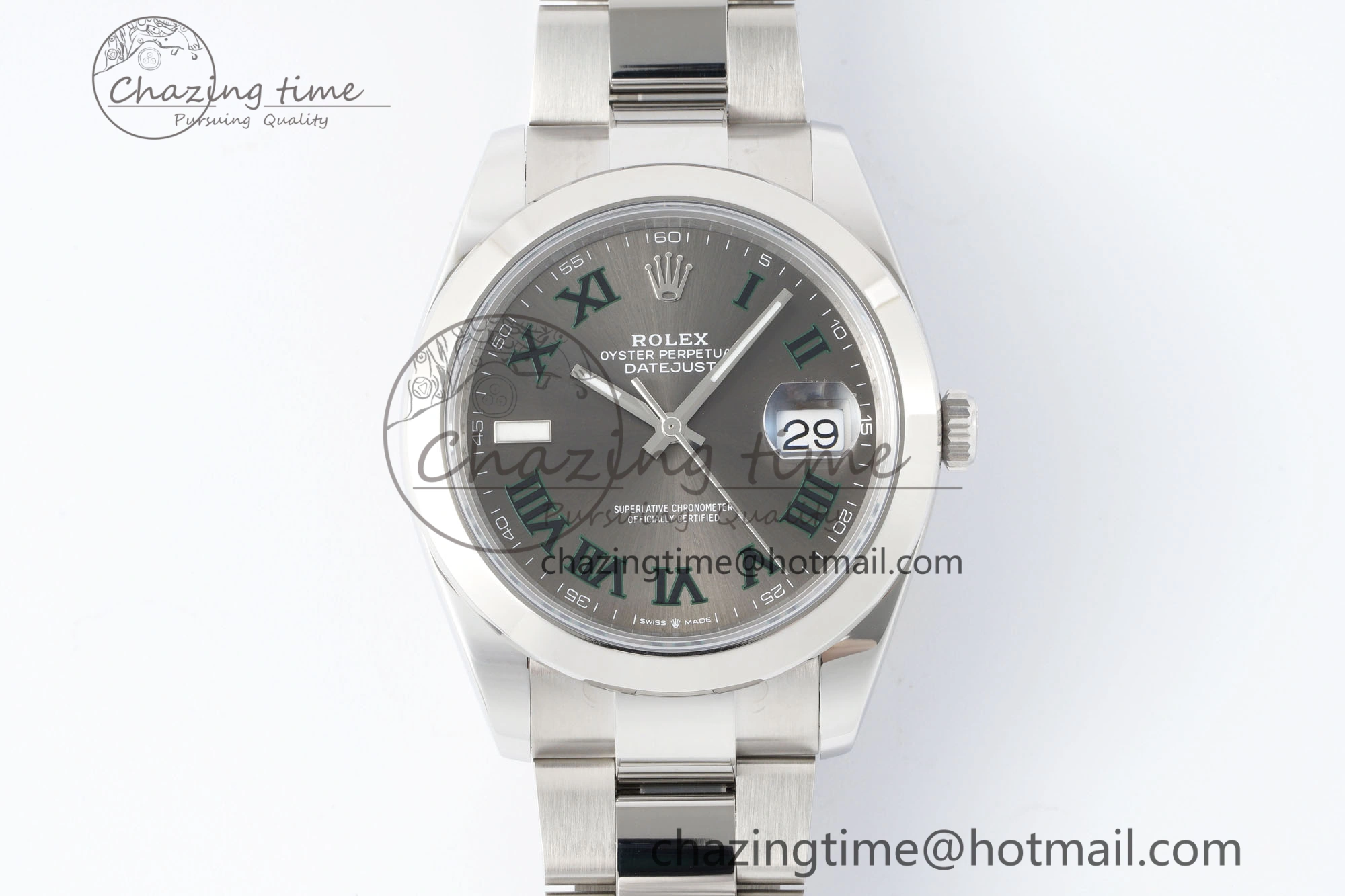 DateJust 41 SS Polished Bezel KING 1:1 Best Edition 904L Steel Gray Dial Green Roman on Oyster Bracelet VR3235