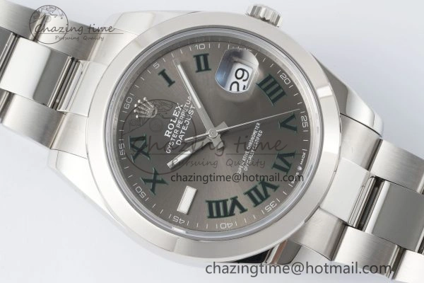 DateJust 41 SS Polished Bezel KING 1:1 Best Edition 904L Steel Gray Dial Green Roman on Oyster Bracelet VR3235