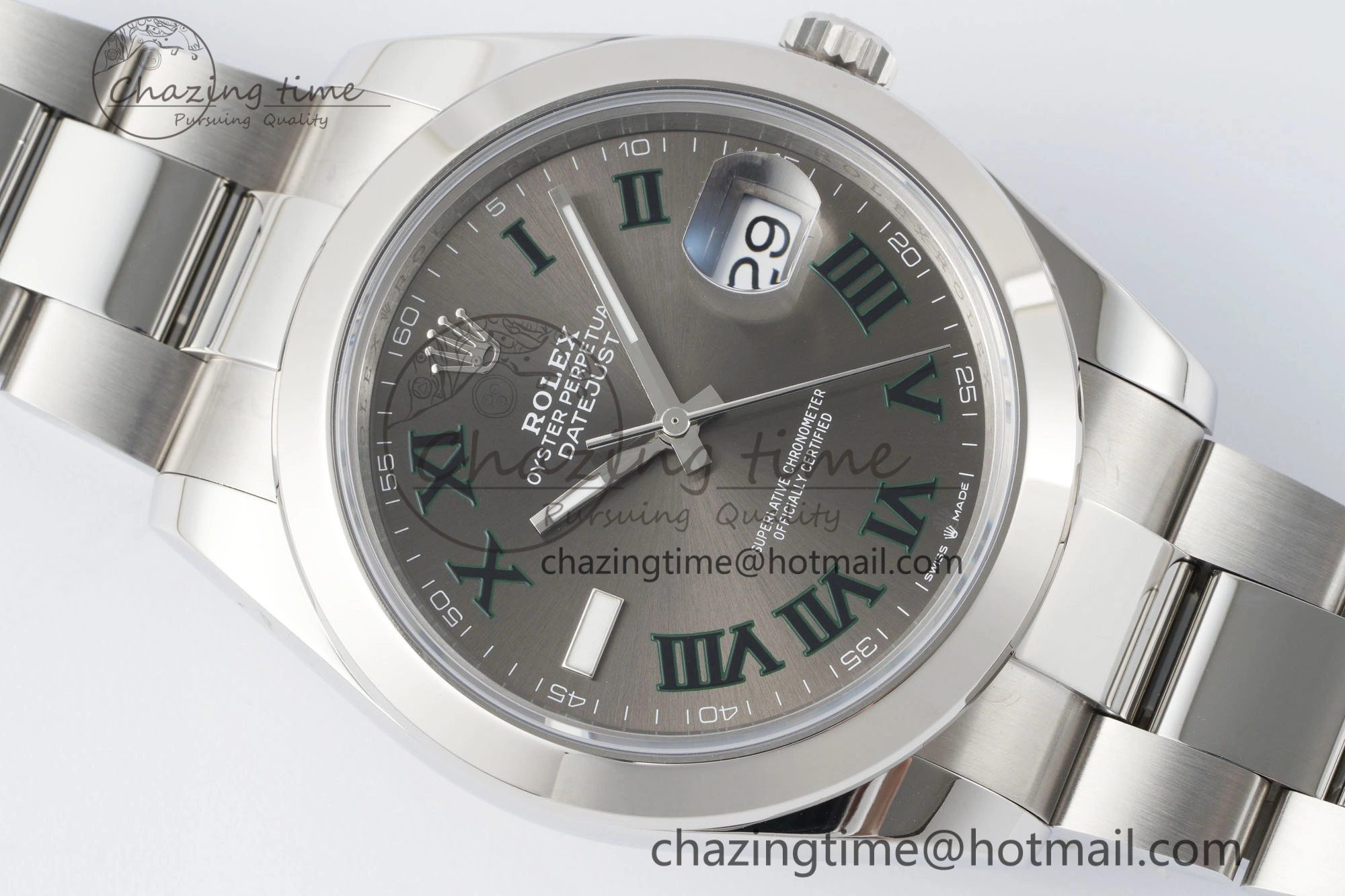 DateJust 41 SS Polished Bezel KING 1:1 Best Edition 904L Steel Gray Dial Green Roman on Oyster Bracelet VR3235