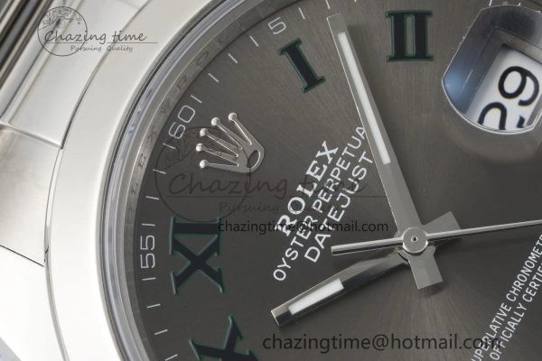DateJust 41 SS Polished Bezel KING 1:1 Best Edition 904L Steel Gray Dial Green Roman on Oyster Bracelet VR3235