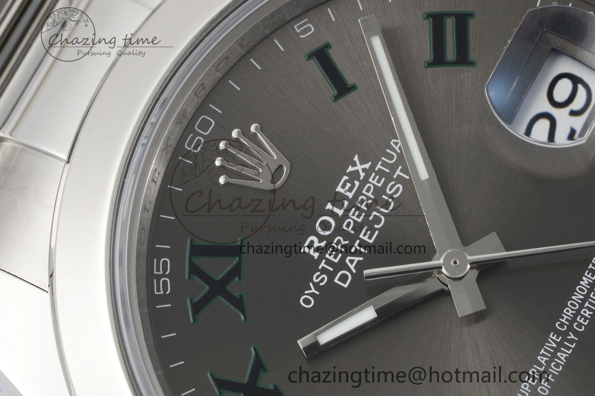 DateJust 41 SS Polished Bezel KING 1:1 Best Edition 904L Steel Gray Dial Green Roman on Oyster Bracelet VR3235