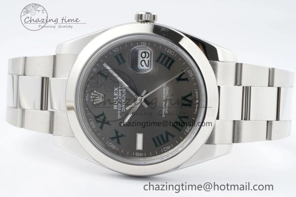DateJust 41 SS Polished Bezel KING 1:1 Best Edition 904L Steel Gray Dial Green Roman on Oyster Bracelet VR3235