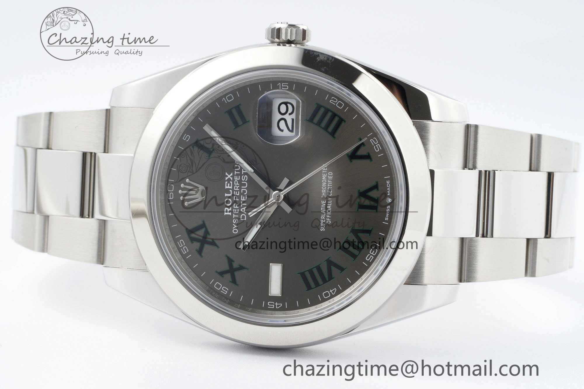 DateJust 41 SS Polished Bezel KING 1:1 Best Edition 904L Steel Gray Dial Green Roman on Oyster Bracelet VR3235